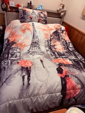 Paris Street Scene Comforter Set in Pink  and Gray - Romantic Bedding